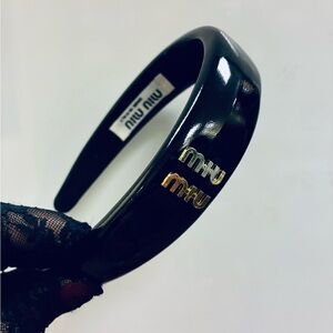 Miu Miu Glossy Black Headband with Gold Accents